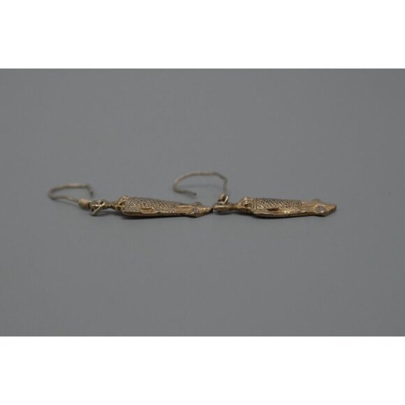 Sterling Silver Drop Earrings Carved Fish on Hooks 6.3 g Sterling 925 2" - Picture 4 of 6